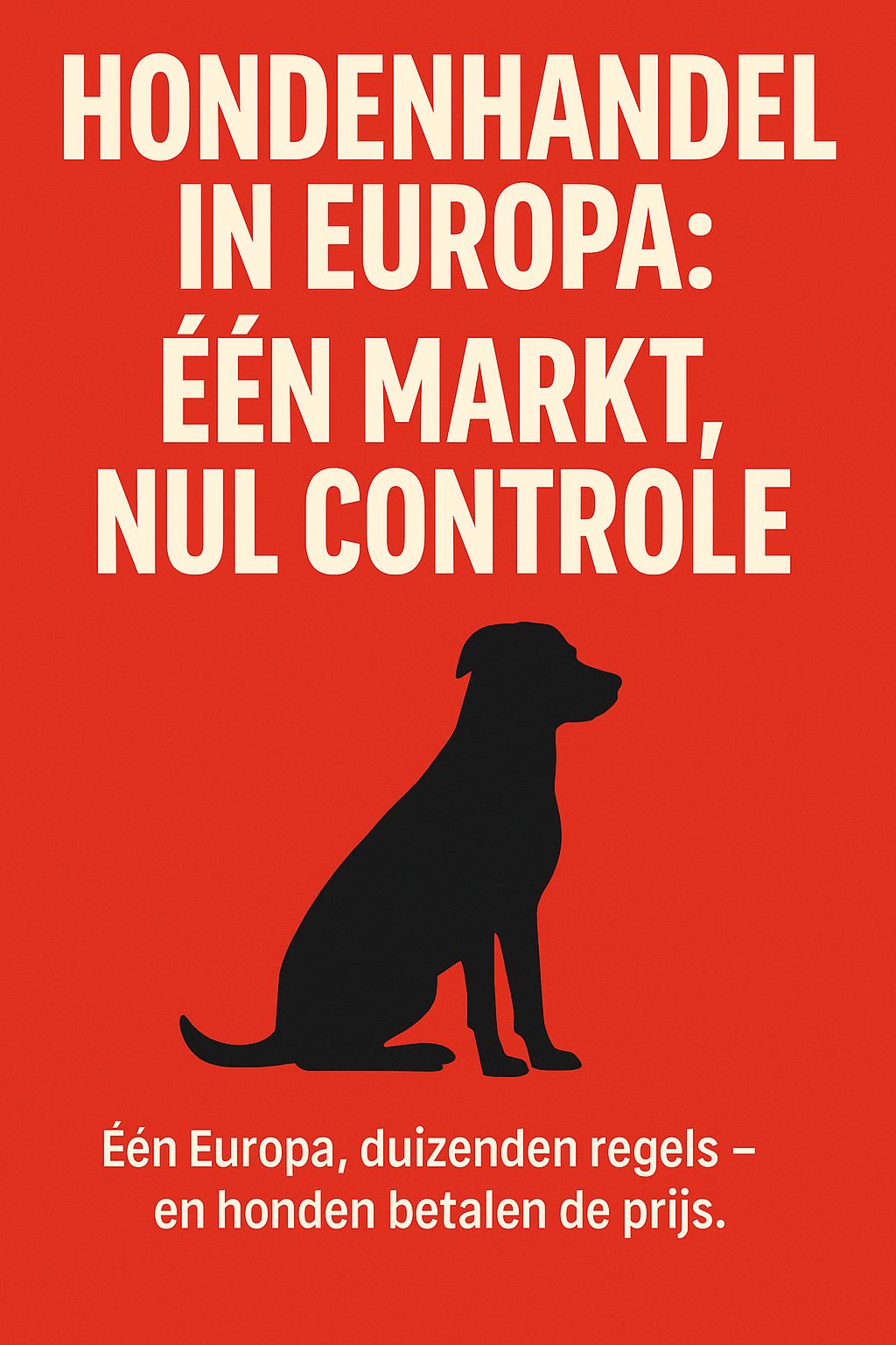 Rode waarschuwingsposter met silhouet van een hond en de tekst “Hondenhandel in Europa: één markt, nul controle"