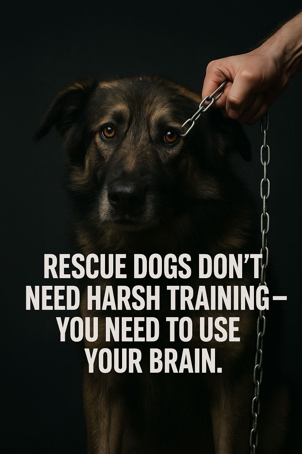 Donkere afbeelding van een angstige hond met een hand die een slipketting vasthoudt. De tekst op de afbeelding luidt: “Rescue dogs don’t need harsh training – you need to use your brain.”