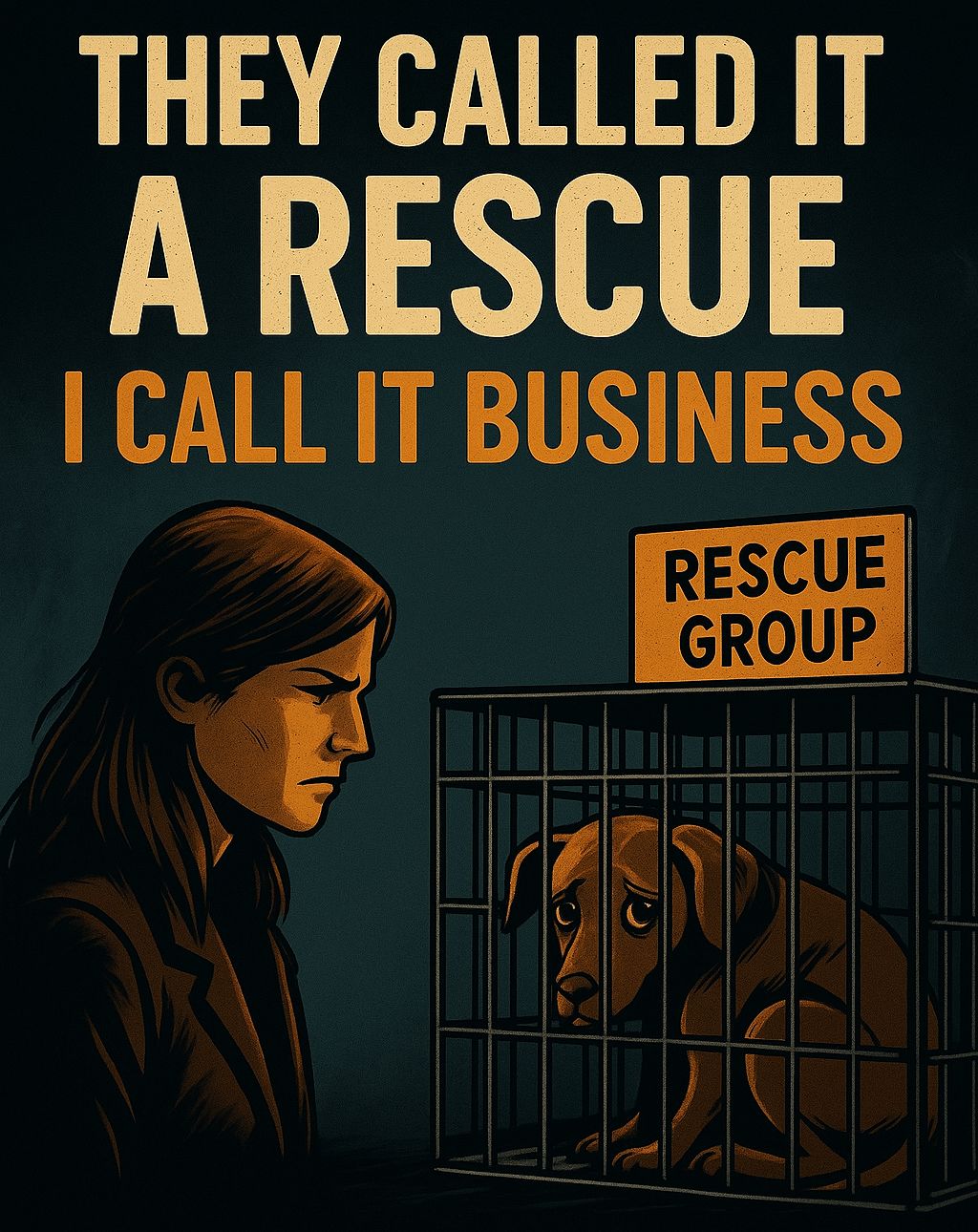 Illustratie van een hond in een kooi met de tekst ‘They called it a rescue, I call it business’ – kritiek op dubieuze stichtingen