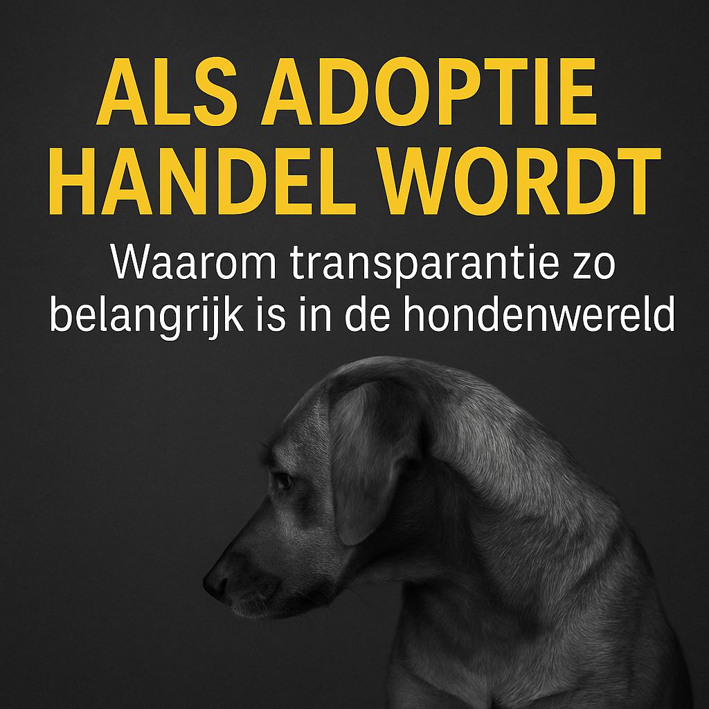 Donkere awareness-afbeelding van een hond die wegkijkt, met de tekst: “Als adoptie handel wordt – waarom transparantie zo belangrijk is in de hondenwereld.