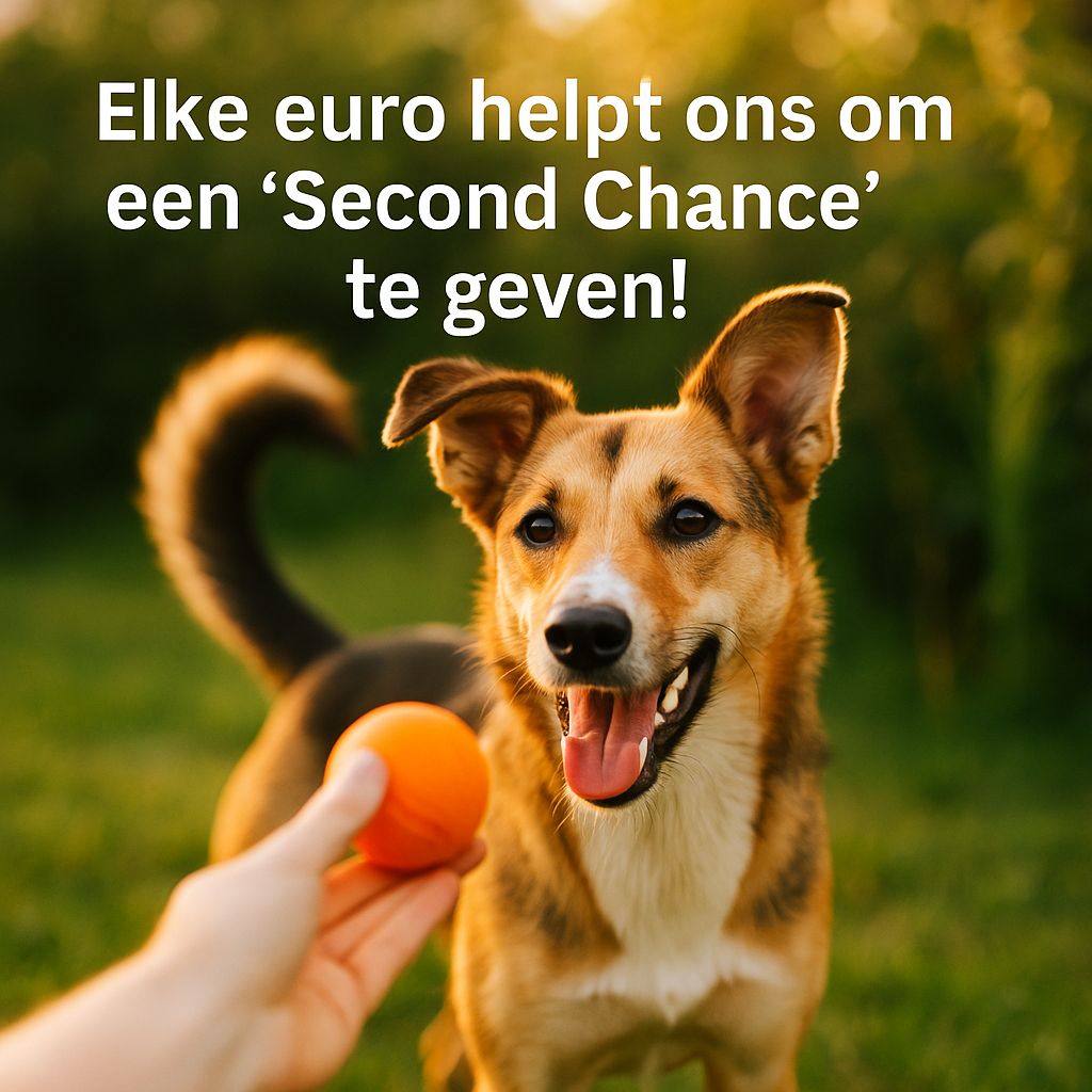 Blije rescuehond speelt buiten met een bal, symbool voor hoop en herstel. Tekst: “Elke euro helpt ons om een Second Chance te geven!”