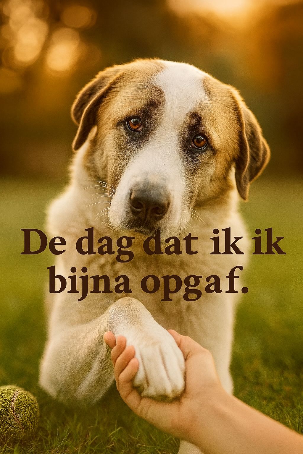 Hond met zachte blik legt zijn poot in een mensenhand – tekst op beeld: “De dag dat ik bijna opgaf”