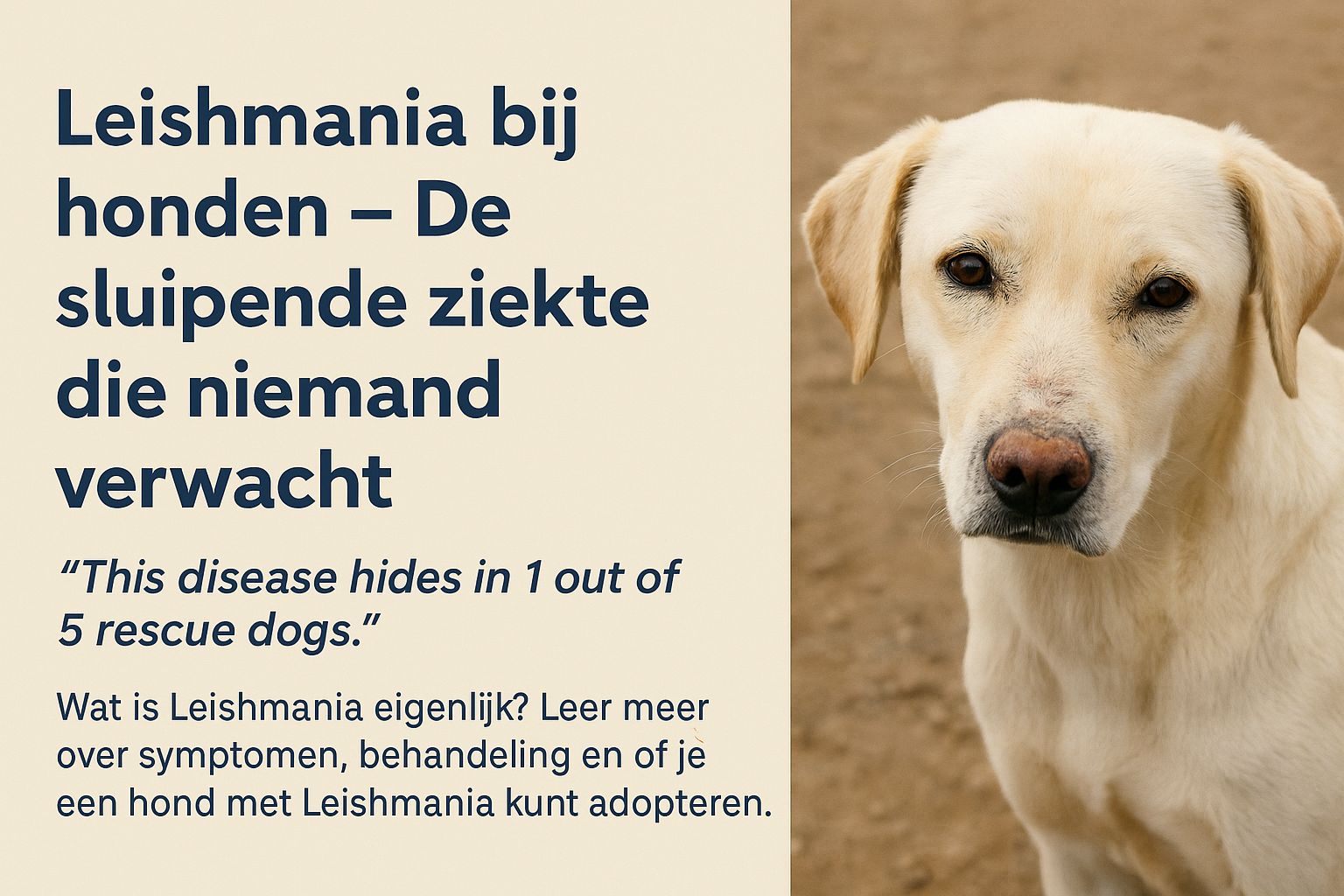 Zachte lichtbruine hond kijkt rustig voor zich uit – symbool voor honden met Leishmania die ondanks hun ziekte een tweede kans krijgen.
