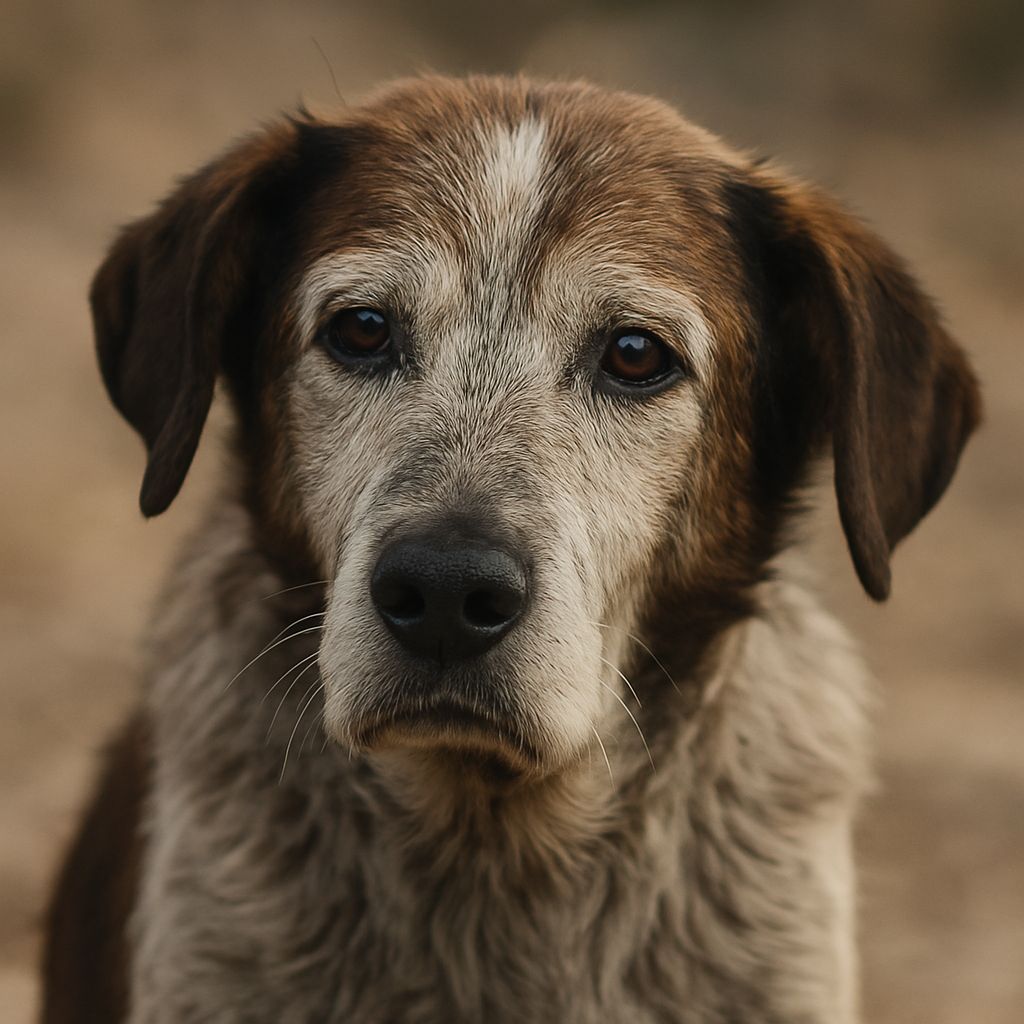Een oude hond met grijsbruine vacht kijkt recht in de camera met zachte, vermoeide ogen. De foto straalt rust en waardigheid uit en symboliseert het thema van oudere rescuehonden die niet meer hoeven te reizen.
